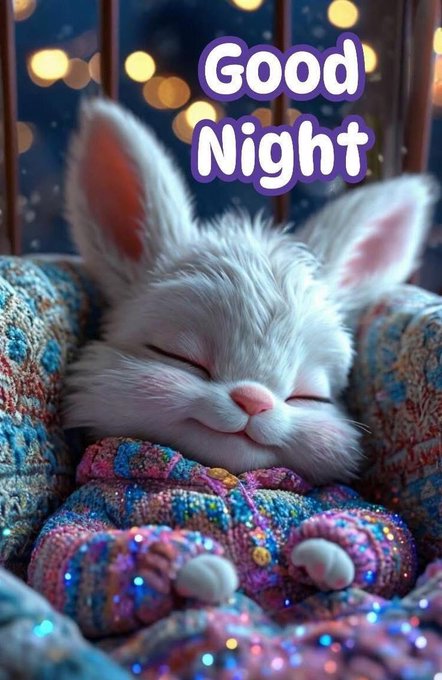 A cute white bunny wearing a sparkly pink and blue sweater snuggles into a cozy blanket with the text "Good Night" displayed above, matching the warm, restful sentiment of the post as the author signs off to monitor the WolfSwap DeFi project.
