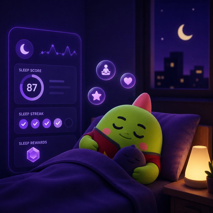 A cute green character sleeps peacefully in bed at night, with a holographic sleep tracking dashboard showing a sleep score of 87, sleep streak, and rewards.