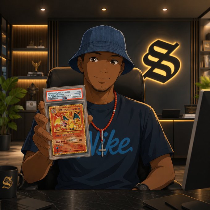An anime-style illustration shows a collector in a bucket hat and Nike shirt proudly displaying a PSA-graded holographic Charizard Pokémon card in a sleek office featuring a glowing dollar sign logo, tying into the post's playful "Good afternoon CT" greeting and question about ripping Solflare packs.