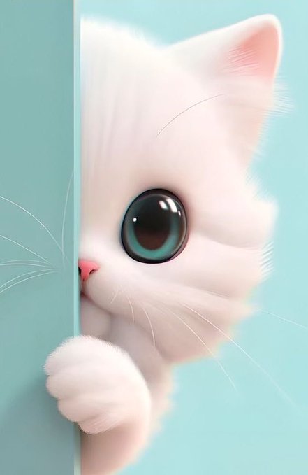 Digital illustration of a cute white kitten with large teal eyes peeking around a corner of a teal wall.