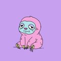A small cartoon character with a pink fluffy body and a sad, droopy face sitting against a purple background.