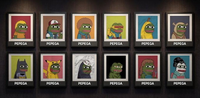 A collection of framed Pepe the Frog character art labeled 'PEPEGA' displayed in two rows on a wall.