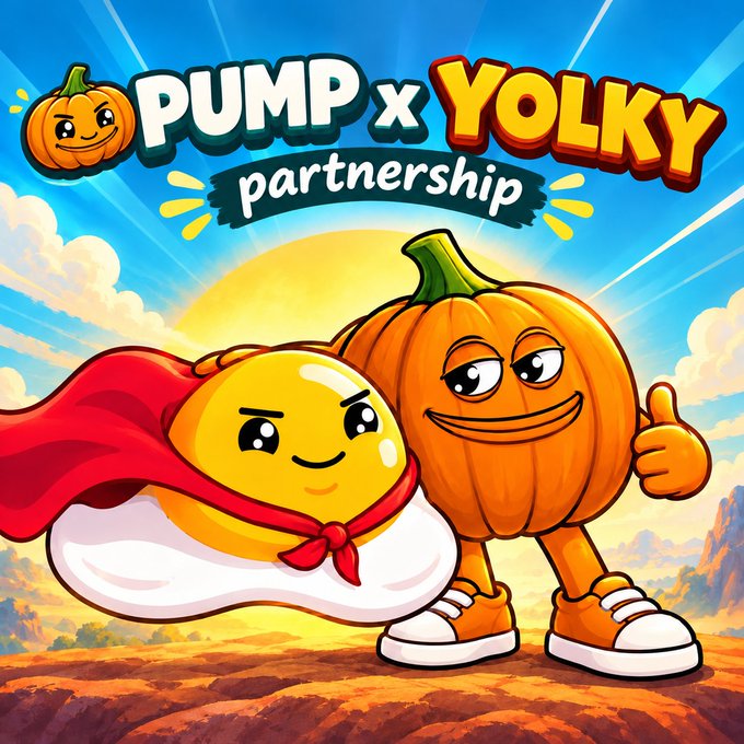 A colorful cartoon-style promotional image showing a fried egg character in a red cape alongside an anthropomorphic orange pumpkin wearing sneakers, under the text 'PUMP x YOLKY partnership'.