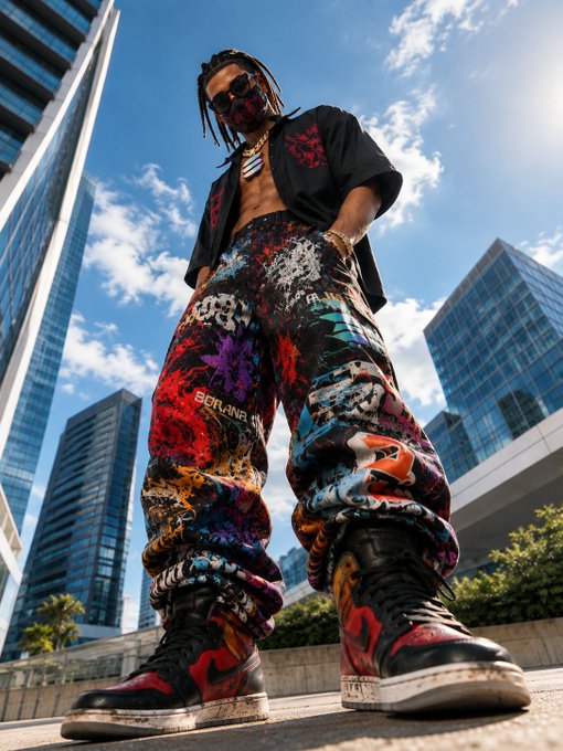 A low-angle shot of a man with dreadlocks and a mask wearing colorful graffiti-patterned pants and high-top sneakers in an urban setting with skyscrapers.