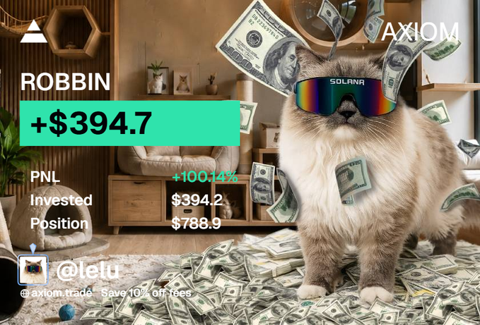Axiom trade screenshot showing meme token 'ROBBIN' PNL of +$394.7 (+100.14%) with an investment of $394.2 and position of $788.9, featuring a cat in Solana sunglasses surrounded by money, tagged @lelu.