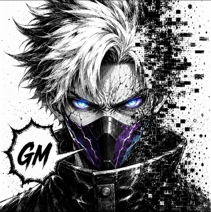 A black and white manga-style illustration of a spiky-haired character with glowing blue eyes and a purple mask, with a speech bubble reading "GM".