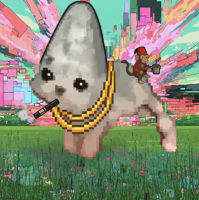 A pixel art style image of a small grey animal with a gold chain and cigar in its mouth, accompanied by a monkey riding on its back, set against a vibrant, glitchy, colorful background.