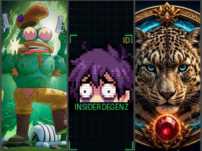 A triptych image showing three panels: a green cartoon monster holding pistols on the left, a pixel art character labeled 'INSIDER DEGENZ' in the center, and a leopard with a red gem on the right.
