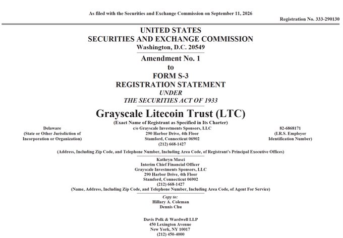 A Securities and Exchange Commission Form S-3 Registration Statement for Grayscale Litecoin Trust (LTC), filed on September 11, 2026, listing Grayscale Investments Sponsors, LLC as the registrant.