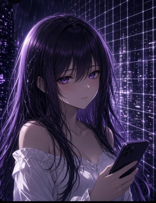 Anime-style illustration of a girl with long dark purple hair and purple eyes wearing a white off-shoulder top, looking at a smartphone against a backdrop of a purple grid cityscape.