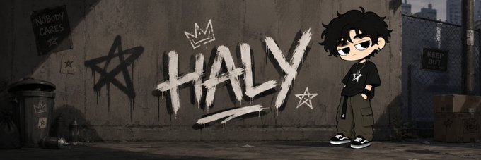 A graffiti-style banner features the text "HALY" painted in bold white letters on a concrete wall, accompanied by a cartoon character with black hair and an earring, a trash can, cardboard boxes, and small signs reading "NOBODY CARES" and "KEEP OUT." The image visually introduces the $haly Solana token with an edgy, urban aesthetic, as referenced in the accompanying post about the banner added on Moby.