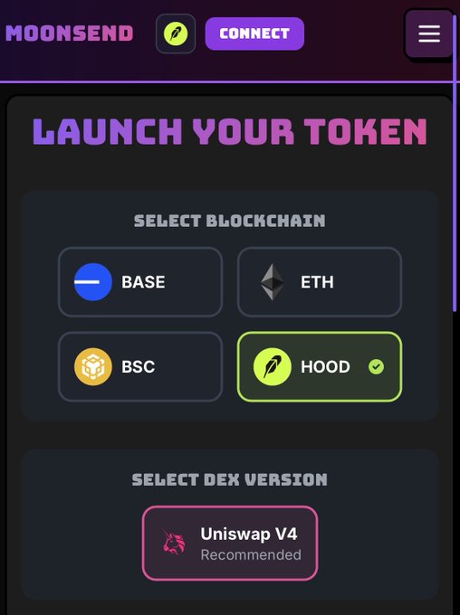 Interface for 'MOONSEND' showing a 'LAUNCH YOUR TOKEN' screen with blockchain options (BASE, ETH, BSC, HOOD) and Uniswap V4 selected as the recommended DEX version.