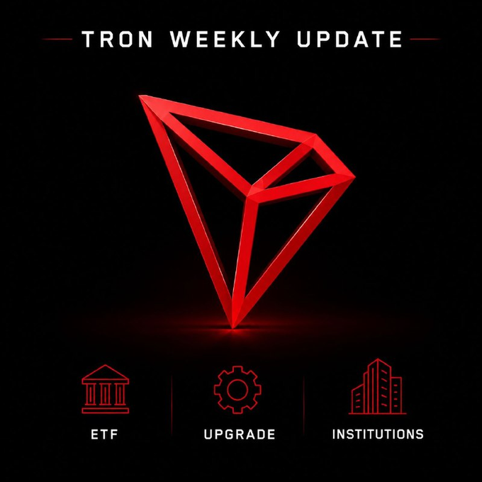 A "TRON Weekly Update" graphic featuring the red TRON logo against a black background, highlighting three key topics below: ETF, Upgrade, and Institutions—matching the post's focus on recent developments in the TRON ecosystem.