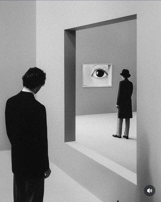 A surreal black and white illustration depicts a man and a woman in coats observing a large, realistic eye framed on the wall of a minimalist gallery room.