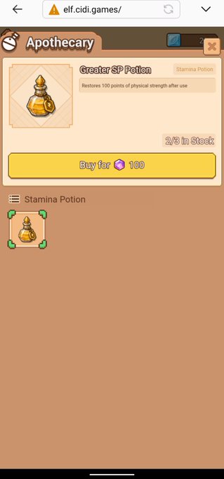 Mobile screenshot of an Apothecary shop on elf.cidi.games offering a Greater SP Potion (Stamina Potion) that restores 100 points of physical strength after use, priced at 100 gems with 2/3 in stock.