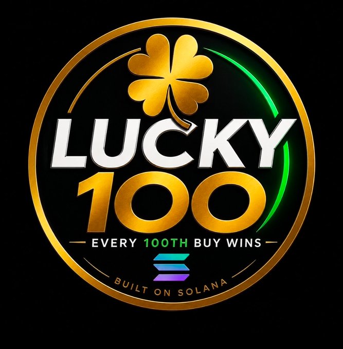 The image features a logo for a new online marketplace called "LUCKY100". The logo consists of a gold circle with a green shamrock inside, surrounded by the text "LUCKY100" written in white letters. Below this, there is a statement that reads "What if every 100th buy got rewarded? Welcome to LUCKY100. Every valid buy counts. Every 
100th buy wins. Simple. Transparent." This suggests that for every 100 purchases made on the platform, the buyer will receive a reward in the form of a green shamrock. The website is built on Solana and offers a unique way to earn rewards by making purchases through the platform.