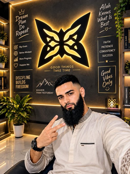 A bearded man in a white traditional shirt taking a selfie in front of a wall decorated with a glowing butterfly emblem and motivational phrases like 'Dream Plan Do Repeat,' 'Faith Patience Consistency Success,' and 'Allah Knows What Is Best.'