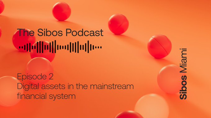 An orange-themed podcast cover for 'The Sibos Podcast', Episode 2 titled 'Digital assets in the mainstream financial system', with 'Sibos Miami' written vertically.