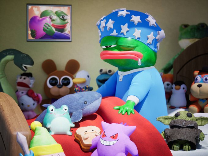 A sad green Pepe frog in pajamas and a star-patterned nightcap sits up in bed, drooling while surrounded by an array of plush toys including a Hello Kitty, a Catbus, Gengar, Cookie Monster, and a Baby Yoda figure, with a framed drawing of two Peperonis hugging on the wall. The image captures a relatable, exhausted NFT community member late at night sifting through numerous whitelist messages, matching the post's mood of an overwhelmed collector at 2 AM still fielding inquiries about TrustUsNFT.