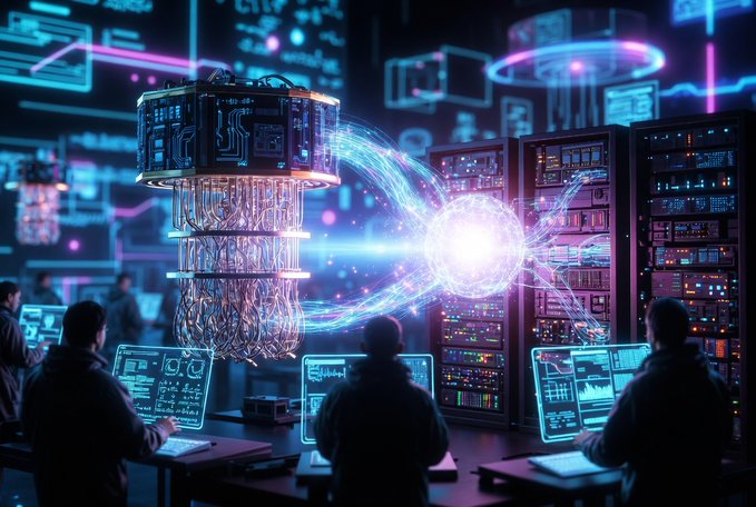 A futuristic illustration of a quantum computing facility showing scientists working at computer stations with a large glowing quantum processor in the center, surrounded by server racks and digital holographic displays in blue and purple neon lighting.