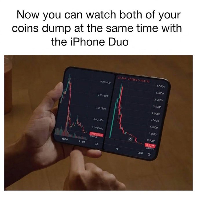 A crypto-themed meme with the caption 'Now you can watch both of your coins dump at the same time with the iPhone Duo' showing a hand holding a phone displaying two charts with declining cryptocurrency prices.