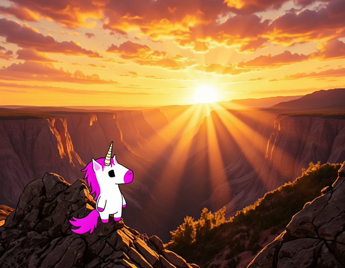 An illustrated white unicorn with pink mane and tail stands on a rocky cliff edge overlooking a canyon at sunset, with sun rays radiating across the sky.