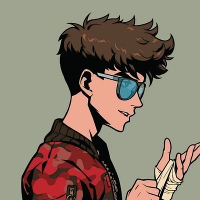 An anime-style digital illustration of a young man with messy brown hair, wearing blue sunglasses and a red and black jacket, holding a small paper.