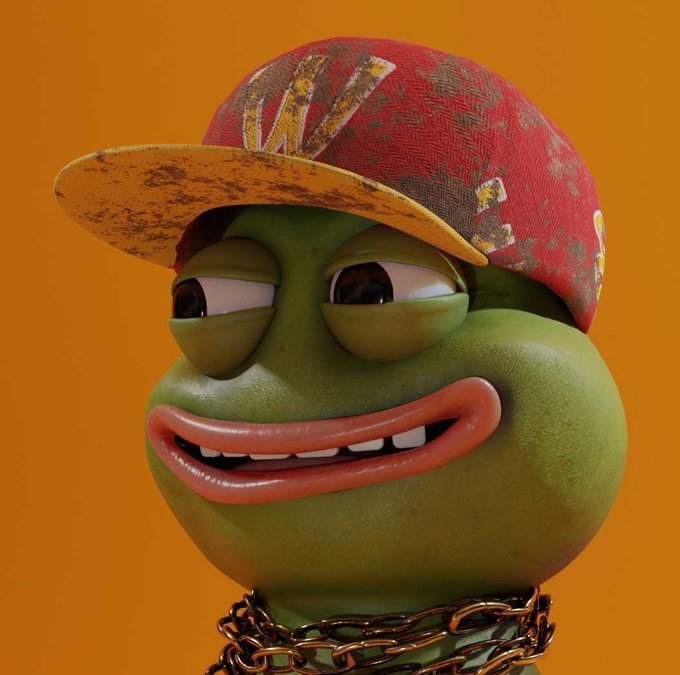 A 3D rendering of a green frog-like character wearing a weathered red and yellow patterned baseball cap and a thick gold chain against an orange background.