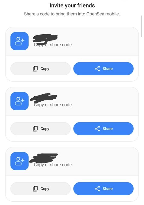 An OpenSea 'Invite your friends' screen in light mode with three referral codes that have been blacked out with marker.
