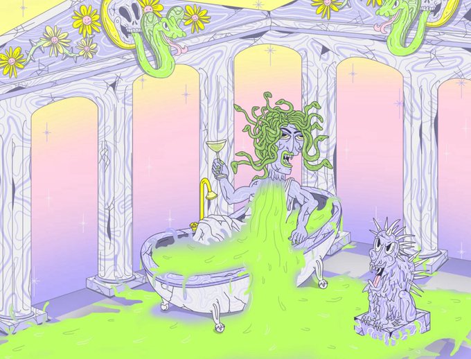 A vibrant illustration of a Medusa-like figure with green snakes for hair sitting in a bathtub overflowing with green liquid, holding a cocktail glass in a classical temple setting.
