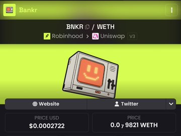 A screenshot of a cryptocurrency price tracker for "BNKR" on "Robinhood × Uniswap v3," showing a price of $0.0002722 and 0.0₇9821 WETH alongside a retro computer mascot.
