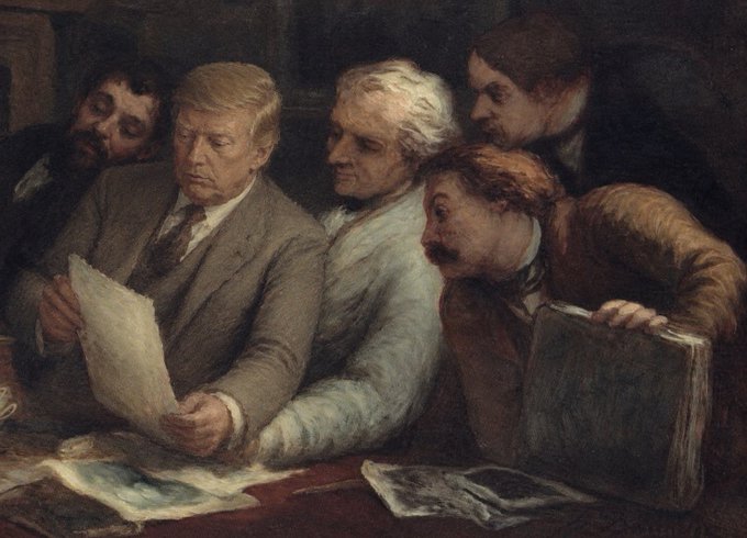 A classical oil painting depicting five men gathered around a table examining a document and a large book, with one man in a tan suit holding the paper.