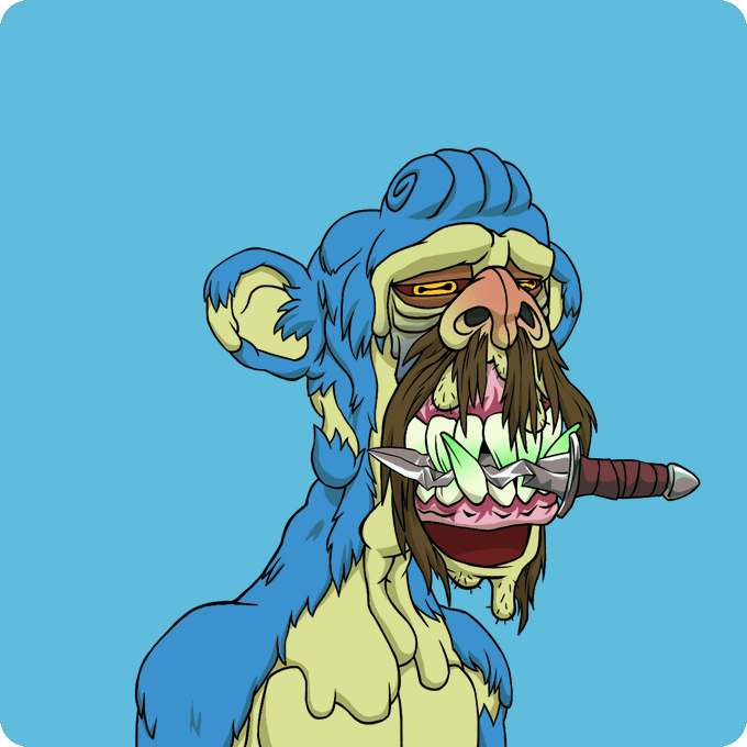 A blue and yellow furry creature with a brown beard holds a knife in its sharp-toothed mouth against a blue background.