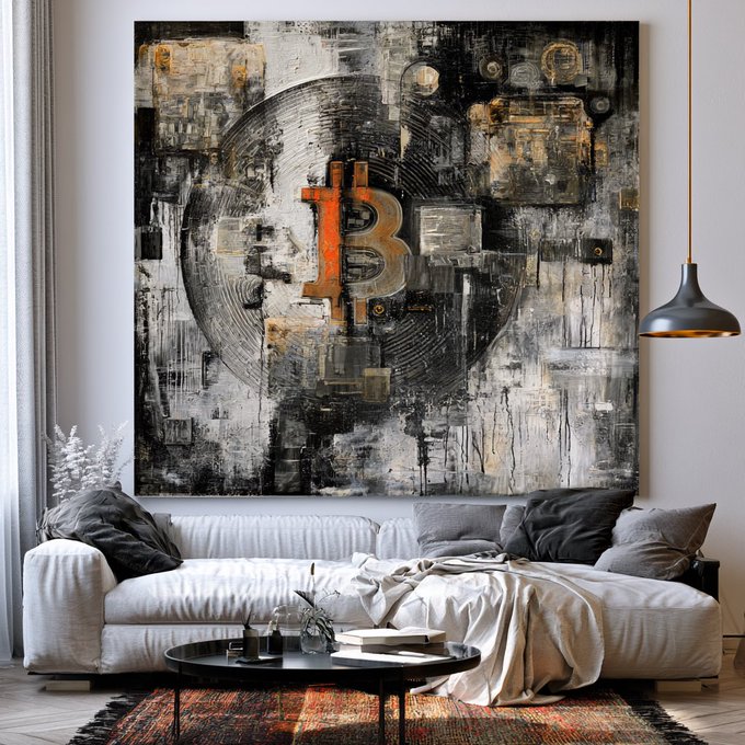 A modern living room features a large abstract painting depicting Bitcoin with its 'B' logo, alongside a Bitcoin symbol, displayed above a white sofa.