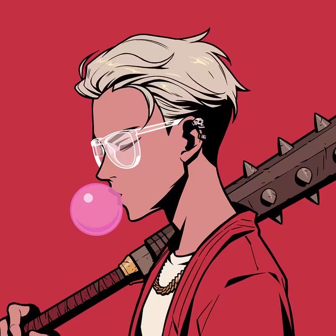 A stylized illustration shows a profile view of a young man with blonde hair, white-framed glasses, and multiple ear piercings, blowing a pink bubblegum bubble while carrying a spiked bat over his shoulder, set against a vibrant red background that complements the "Azuki red" theme mentioned in the post.