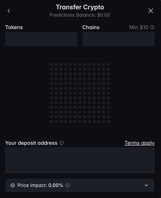 A dark-themed app interface titled 'Transfer Crypto' showing a 'Predictions Balance: $0.00', with empty fields for Tokens, Chains, and a deposit address.