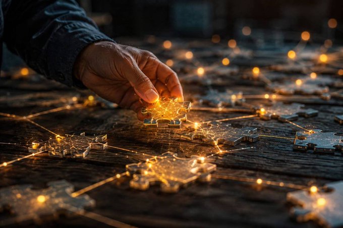 A hand places a glowing puzzle piece into a network of illuminated transparent pieces, symbolizing the integration of blockchain into everyday life. The image visually ties the concept of "Real-World Utility" to puzzle-solving, suggesting that each piece—of the broader Web3 ecosystem—plays a role in building a connected, functional future.