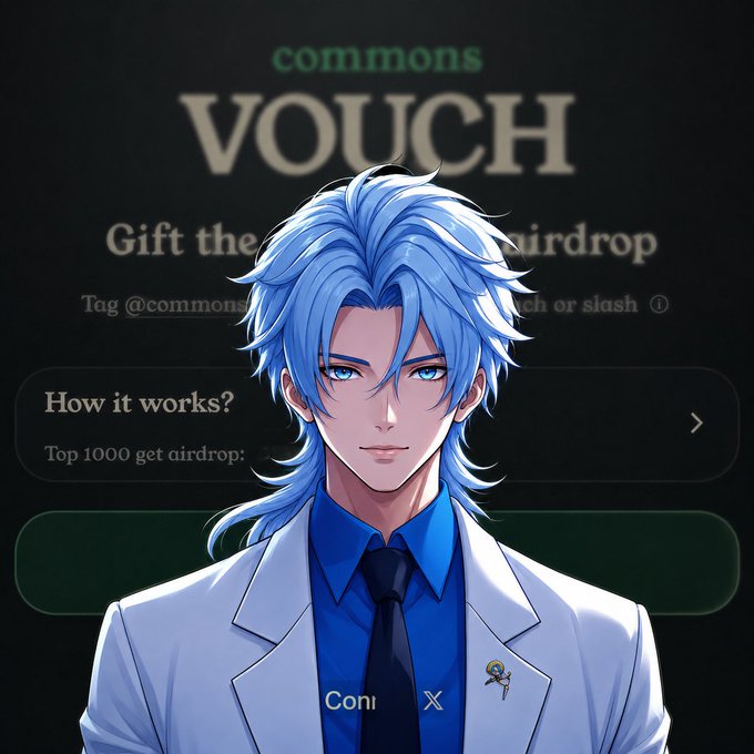 The image shows an anime-style character with blue hair wearing a white lab coat, blue shirt, and tie, overlaid on a "commons VOUCH" interface screen that reads "Gift the airdrop" and "Top 1000 get airdrop." This visual supports the post's call to "Vouch for each other" on the Commons platform, illustrating the vouching airdrop feature being promoted.