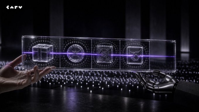 A human hand and a robotic hand jointly hold up a transparent, illuminated rectangular prism displaying four glowing holographic icons—a cube, a globe, a certificate, and an envelope—connected by a beam of light, visually representing the interoperability and verification of agent identity. The "CARV" logo appears in the upper-left corner, and the scene reinforces the post's message about ERC-8004 enabling a trusted, portable reputation for AI agents across different platforms.
