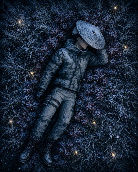 A figure in winter camouflage gear and a traditional conical hat lies peacefully among frost-covered foliage, illuminated by scattered glowing lights like stars—evoking a quiet, ethereal rest that mirrors the post's serene "Good Night" sentiment while symbolizing the introspective reflection on KaitoAI and Axis Robotics alignment.