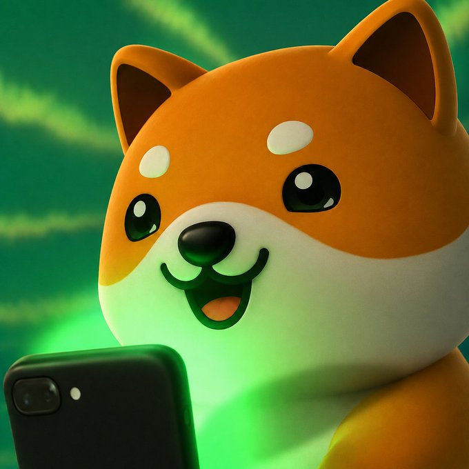 A 3D-rendered Shiba Inu dog character with a smiling expression holding a smartphone, set against a green background featuring Bitcoin logo watermarks.