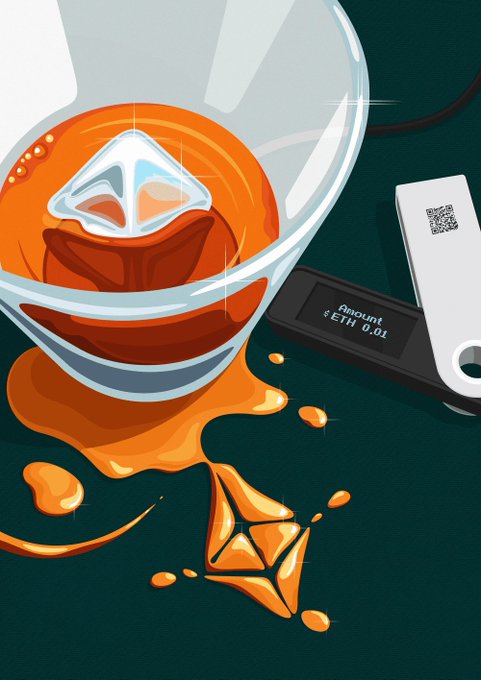 Digital artwork depicts a glass flask spilling an orange liquid onto a dark surface, with an Ethereum logo spilling out. A hardware wallet displays 'Amount = ETH 0.01' alongside a Ledger device.