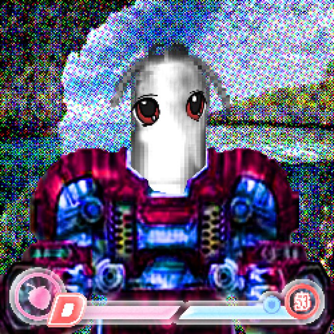 A pixelated, glitchy robot or character with a white face, red eyes, and purple-blue mechanical body displayed against a static background.