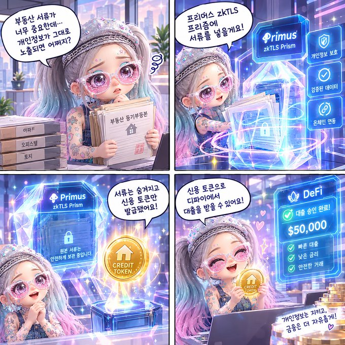 A four-panel comic featuring an anime-style character with pink sunglasses promoting 'Primus zkTLS Prism' and a 'CREDIT TOKEN' earning system with DeFi rewards of $50,000.