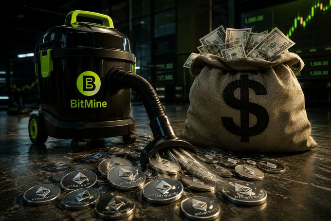 A 3D-rendered promotional image shows a black and green vacuum cleaner branded 'BitMine' sucking up Ethereum coins, positioned next to a money bag with a dollar sign and stacks of $100 bills, with a financial chart in the background.