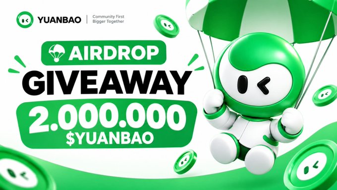 A promotional banner for a 'YUANBAO' cryptocurrency airdrop giveaway of '2,000,000 $YUANBAO' featuring a green and white mascot parachuting down with coins.