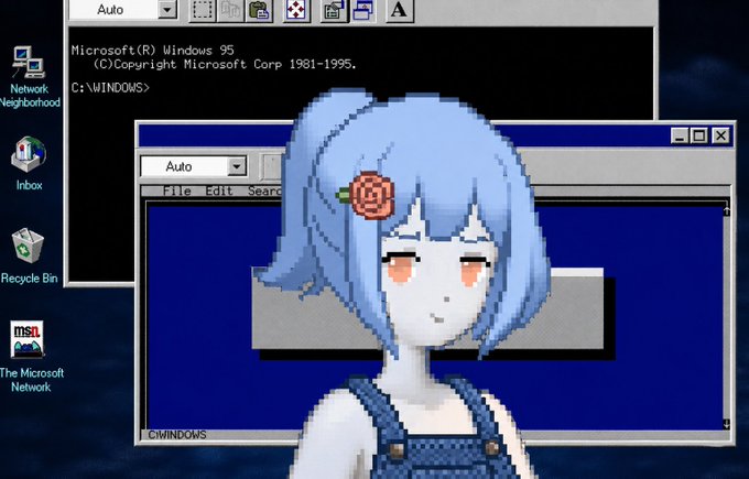 An anime-style character with blue hair and a red rose accessory appears over a Windows 95 desktop interface showing a command prompt and folder window. The retro nostalgic aesthetic contrasts with the modern crypto giveaway post asking followers to retweet and share their Robinhood addresses for 5 GTDs.