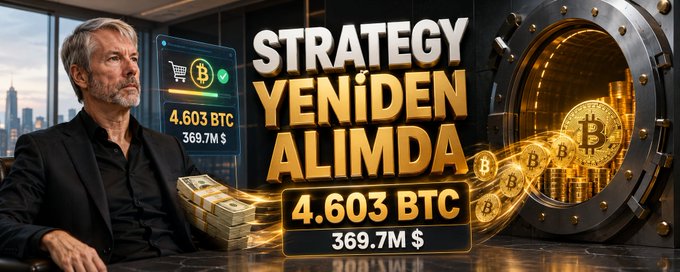 The image features a serious-looking man in a dark shirt beside a glowing vault filled with Bitcoin, overlaid with bold text reading "STRATEGY YENİDEN ALIMDA" alongside key figures: "4.603 BTC" and "369.7M $," visually reinforcing the caption's announcement that Strategy resumed its Bitcoin purchases this week, acquiring 4,603 BTC for $369.7 million, bringing its total reserves to 845,050 BTC.
