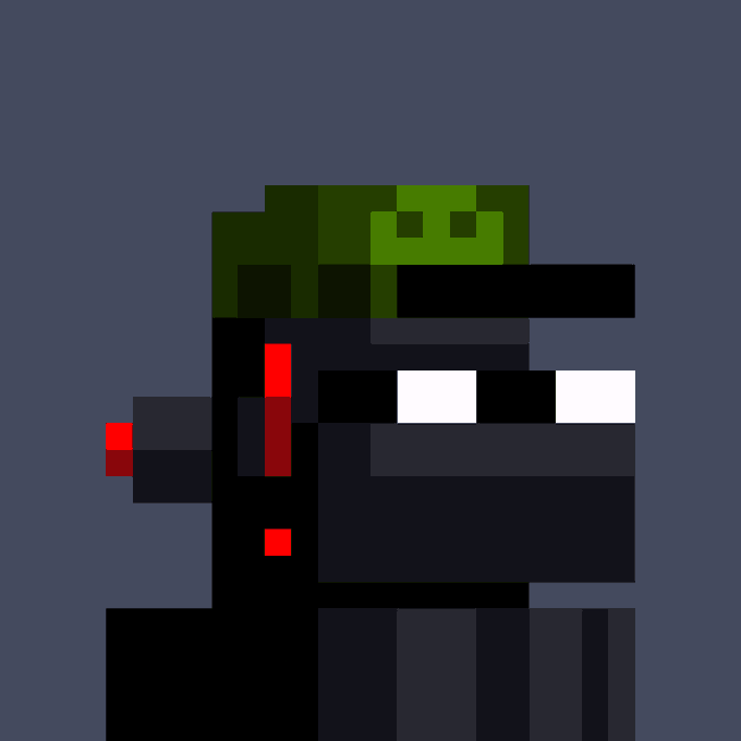 A pixel art illustration of a character wearing a green military-style cap with a red insignia, featuring dark body armor with red accents and a wide visor against a gray background.