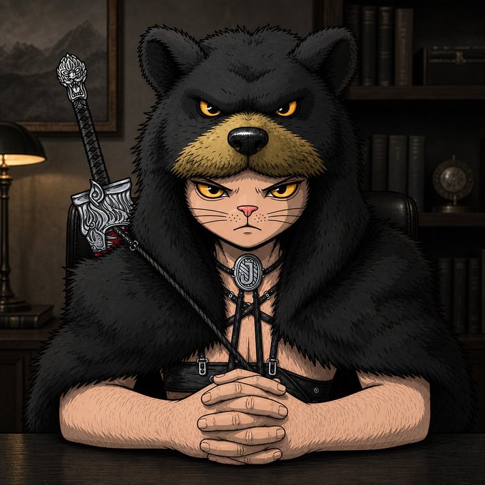 An anime-style illustration depicts a character with golden eyes wearing a large black bear hood/coat, sitting with folded hands while a sword rests behind them.